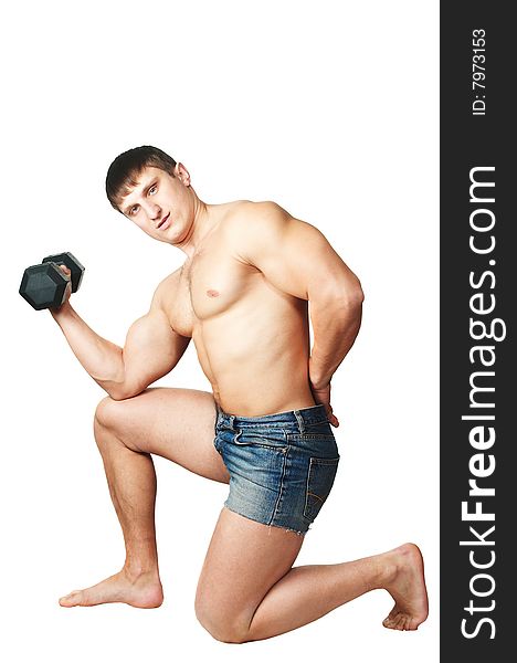 Muscular Man Working Out With Dumbbell