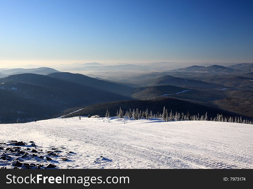 Mountain landscape. Mountain Shoriya. Sheregesh. Russia.