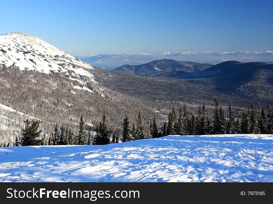 Mountain landscape. Mountain Shoriya. Sheregesh. Russia.