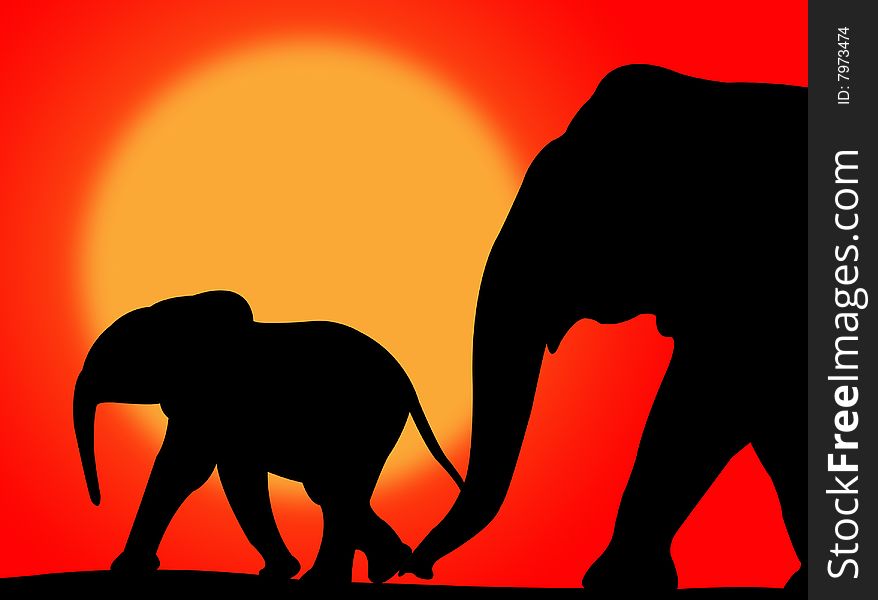 Elephant and her baby walking on a colorful sunset. Elephant and her baby walking on a colorful sunset