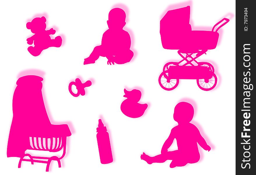 Baby silhouettes with baby objects and game silhouettes. Baby silhouettes with baby objects and game silhouettes