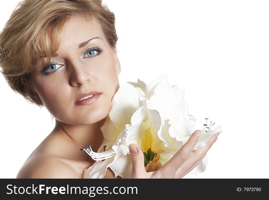 Woman And  Fresh  Flower.  Close Up