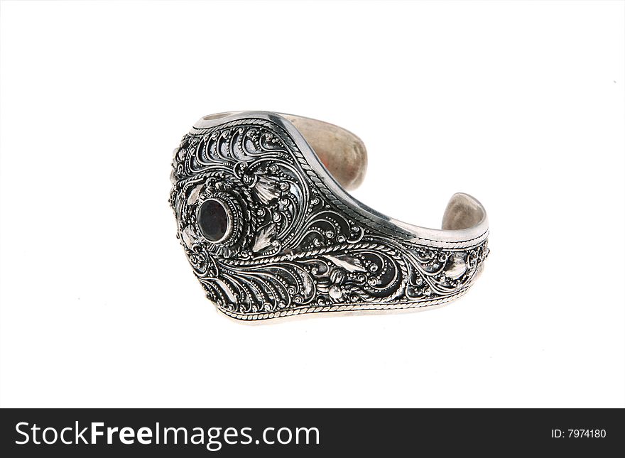 Hand-carved silver bracelets inlaid black jewel.