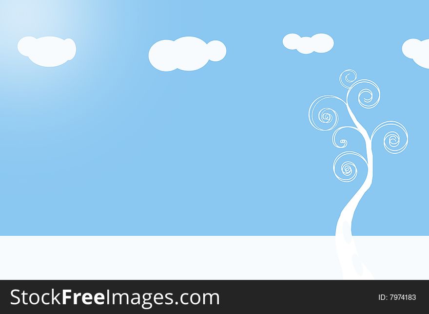 Curling tree on blue background with clouds. Curling tree on blue background with clouds