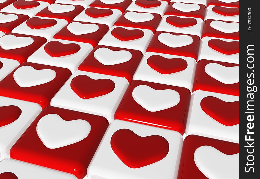 Many 3d red and white hearts over red and white chess-board, background. Many 3d red and white hearts over red and white chess-board, background