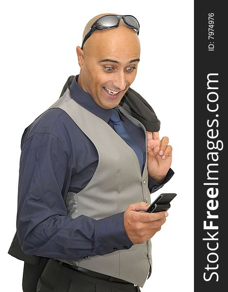 Businessman with cellphone isolated against a white background