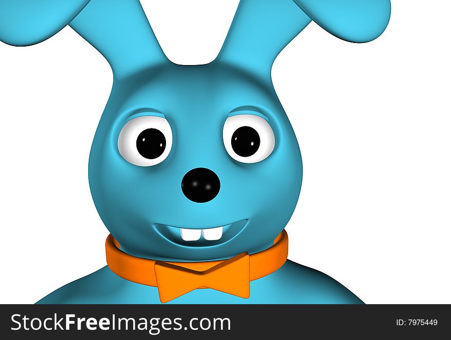 Isolated 3D cartoon happy blue rabbit with bow-tie