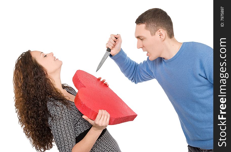 Man hunting womans heart over white background