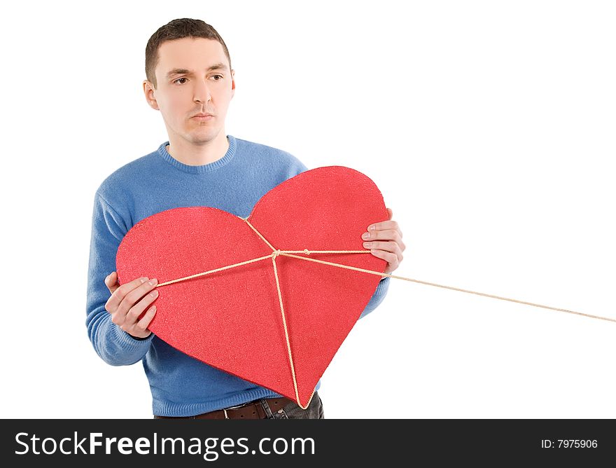 Man dont giving his heart over white background