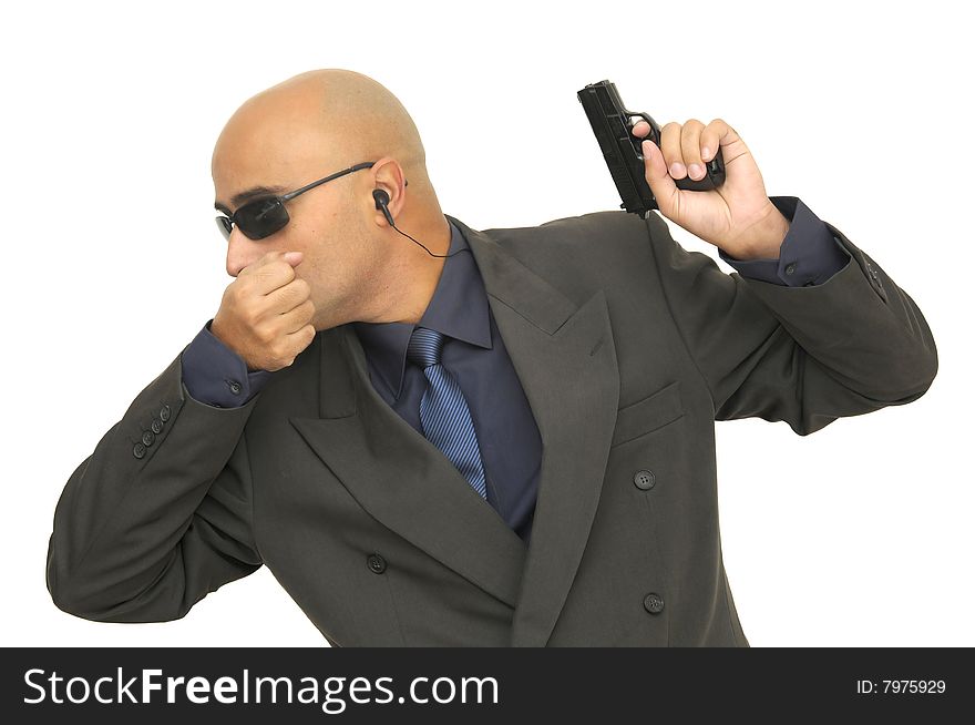 Man with gun isolated against a white background. Man with gun isolated against a white background
