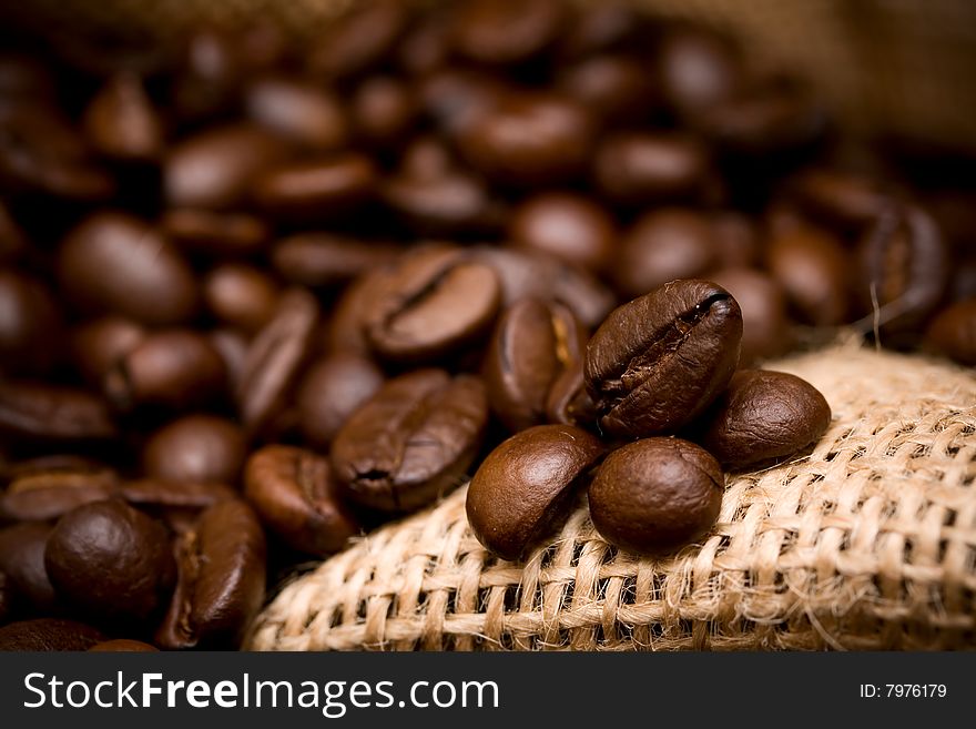 Inside burlap bag filled with coffee beans - vignette added