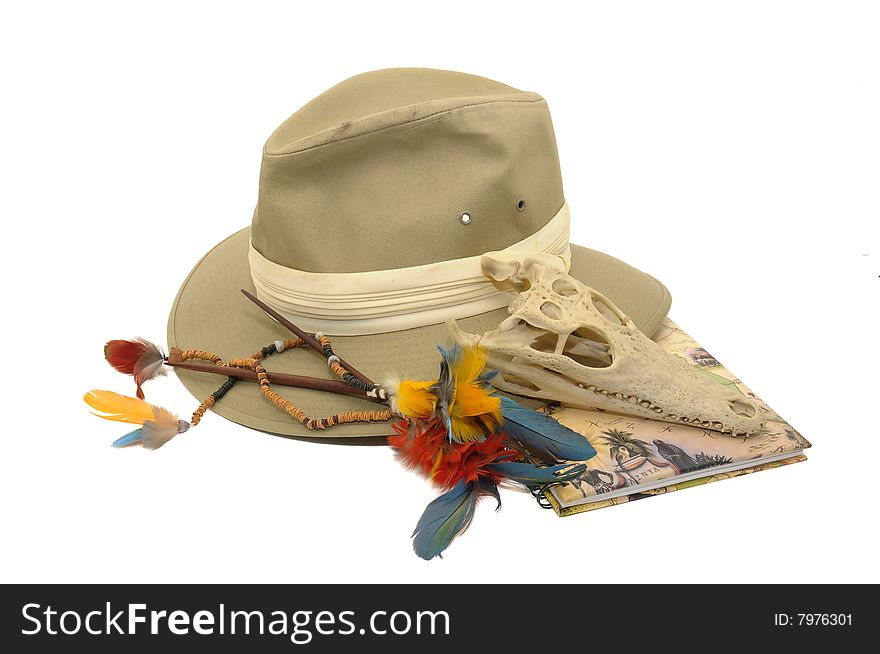Explorer's hat and feathers isolated in white. Explorer's hat and feathers isolated in white