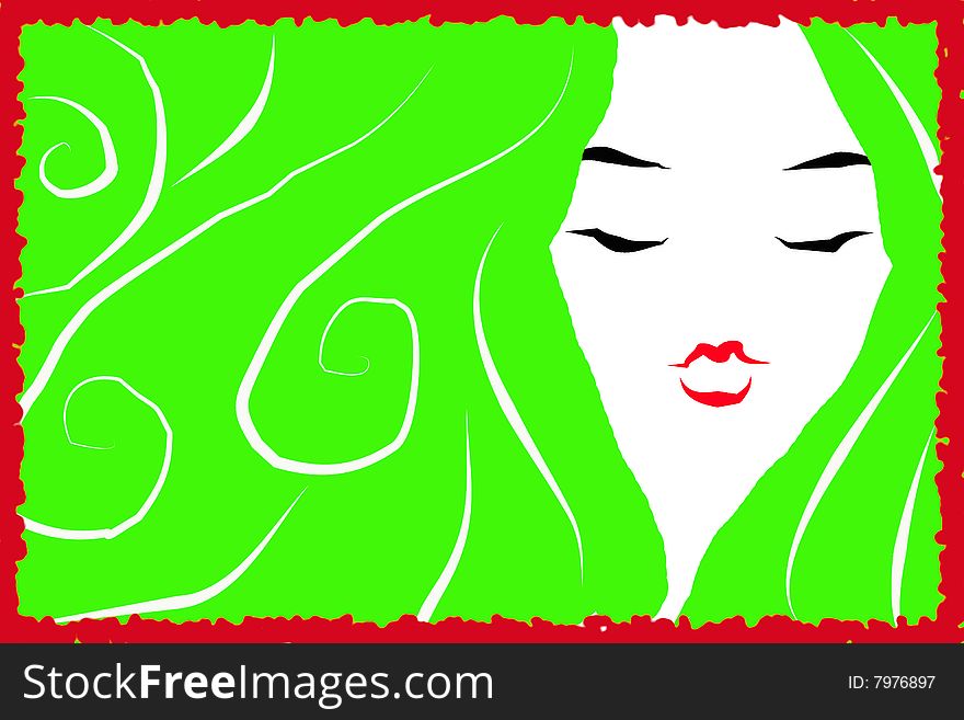 A painted face of a green-haired girl with red lipstick on her mouth, all surrounded by a red frame. Digital drawing. Coloured picture. A painted face of a green-haired girl with red lipstick on her mouth, all surrounded by a red frame. Digital drawing. Coloured picture.