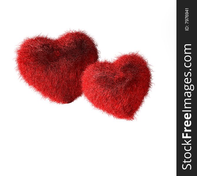 Two red hairy hearts created in 3D software. Two red hairy hearts created in 3D software