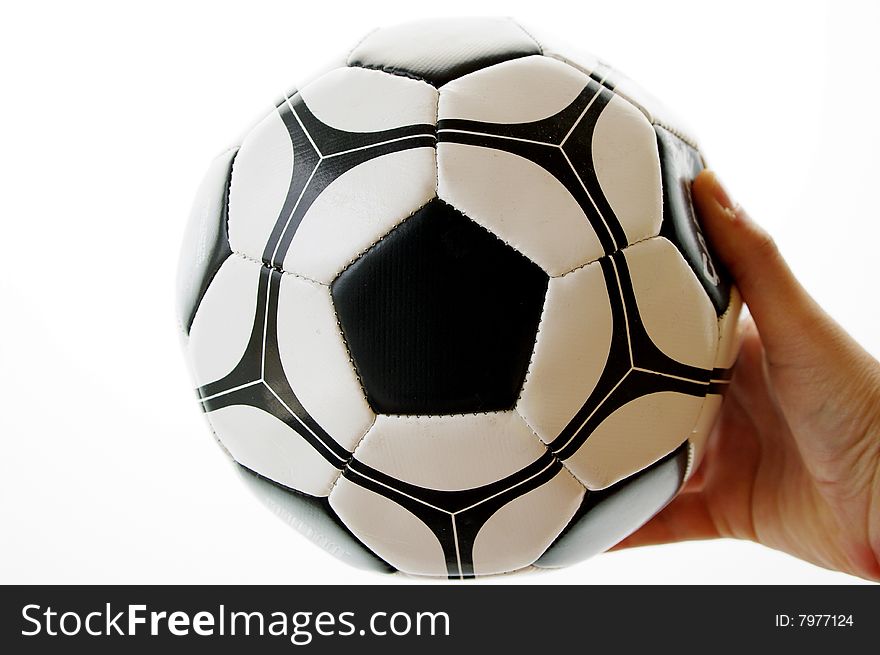 Hand with a soccer ball and a white background