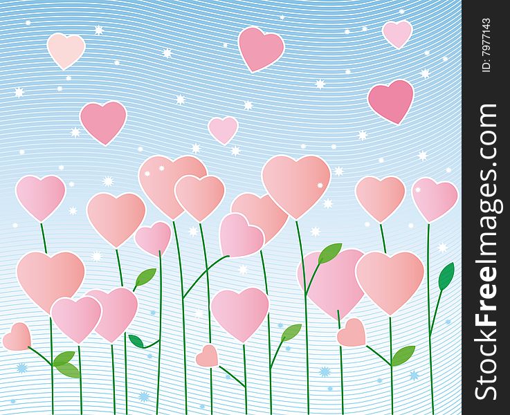 Field of flowers in the shape of a heart on blue sky. Field of flowers in the shape of a heart on blue sky