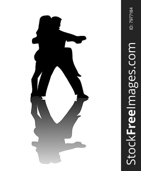 A pair of lovers silhouetted against a white background with their reflection on the floor.