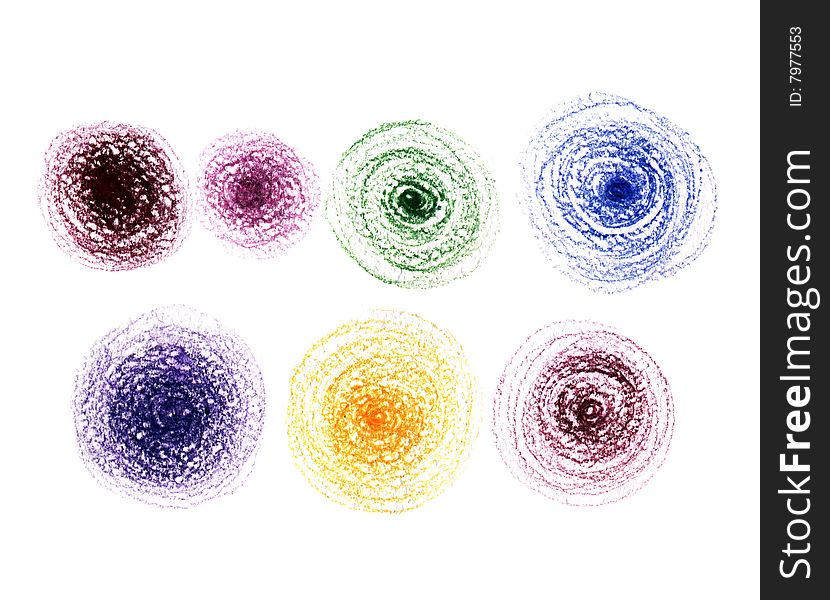 Collection of many-coloured textured circles on white background