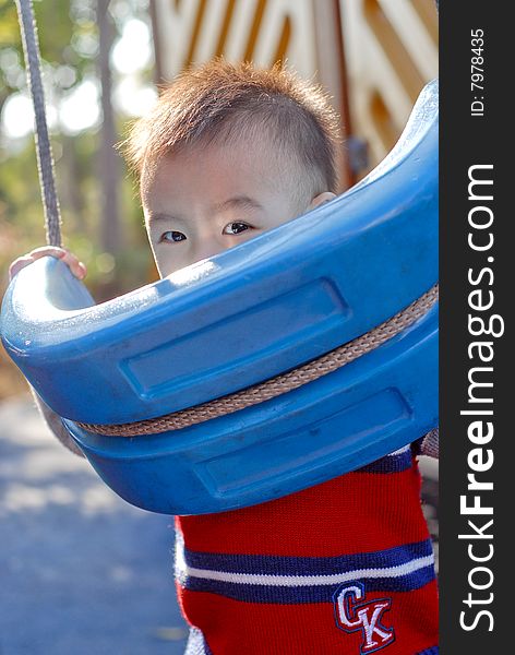 The child playing the swing. The child playing the swing