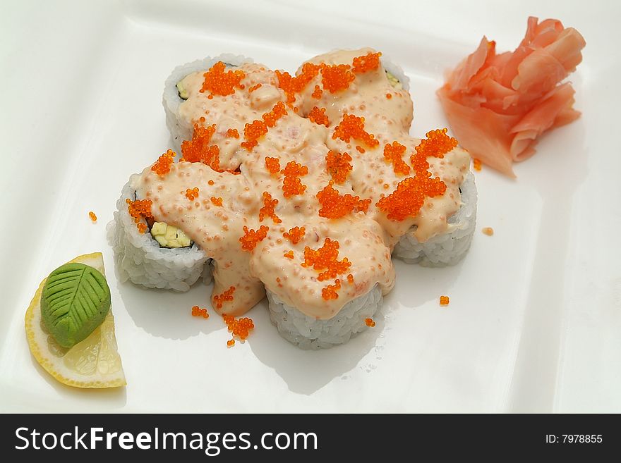 Traditional the Japanese meal sushi on a white background