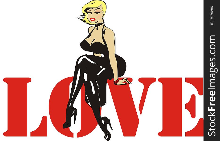 Women in blaack dress with love text illustration