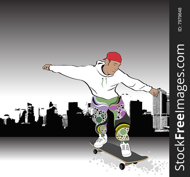 An illustration of a skateboarder on urban background. An illustration of a skateboarder on urban background