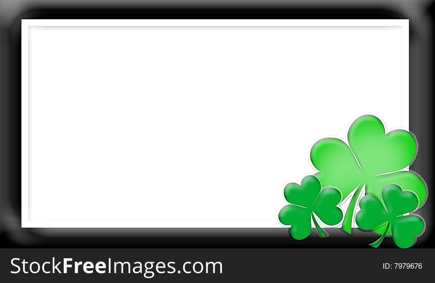 Black Glossy Frame with Green Clover and Copy Space. Black Glossy Frame with Green Clover and Copy Space