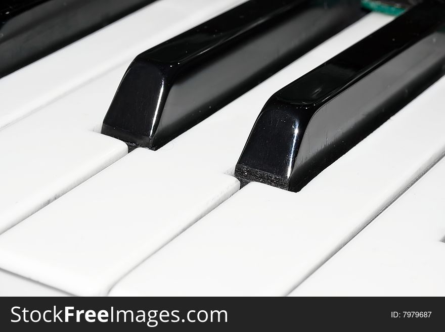 Closeup perspective view of a piano keyboard