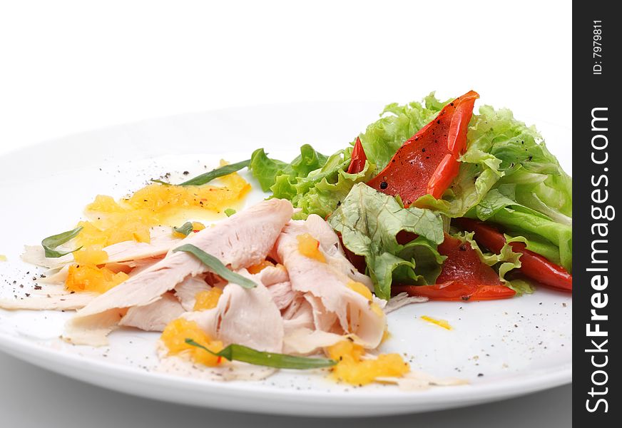 Salad with Cold Chicken Breast, Pineapple, Salad Leaves and Tomatoes. Isolated on White Background. Salad with Cold Chicken Breast, Pineapple, Salad Leaves and Tomatoes. Isolated on White Background