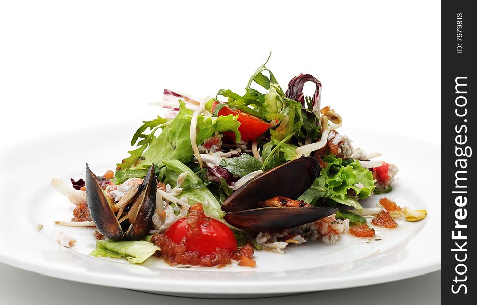 Seafood Salad with Crabmeat and Mussels. Isolated on White Background