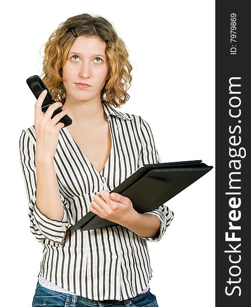 Young beautiful businesswoman  with  folder and mobile telephone and she is thinking. Young beautiful businesswoman  with  folder and mobile telephone and she is thinking.