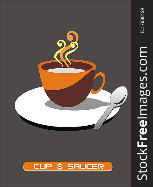 Illustration of cup and saucer over grey background.