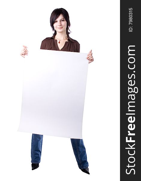 The young beautiful businesswoman at office behind work on a white background. The young beautiful businesswoman at office behind work on a white background