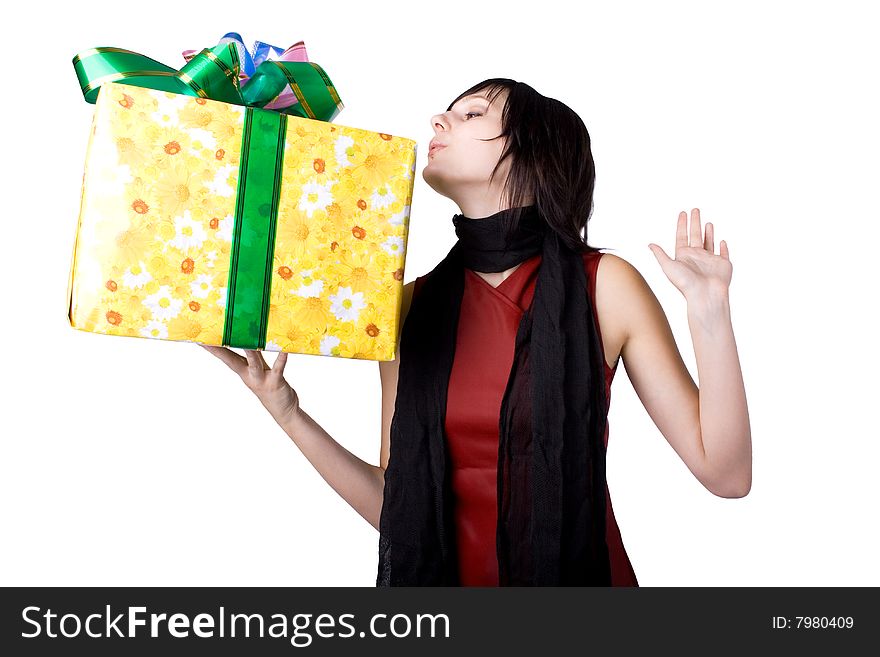 The young beautiful girl with purchases in colour packages during shopping on a white background