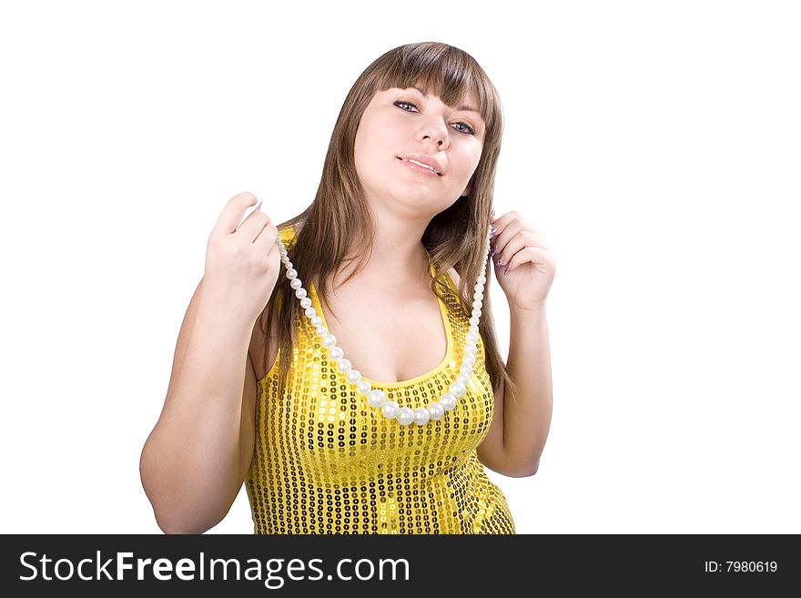 The young beautiful girl in beautiful clothes on a white background. The young beautiful girl in beautiful clothes on a white background