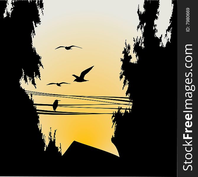 Silhouette birds and tree, background vector