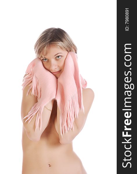 Nudity covered by pink scarf only
