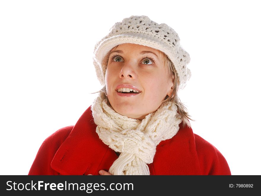 One young surprised girl in a white hat isolated over white