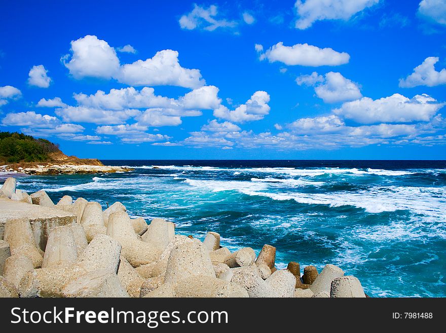 Peaceful idyllic seascape - turquoise sea and blue cloudy sky. Peaceful idyllic seascape - turquoise sea and blue cloudy sky