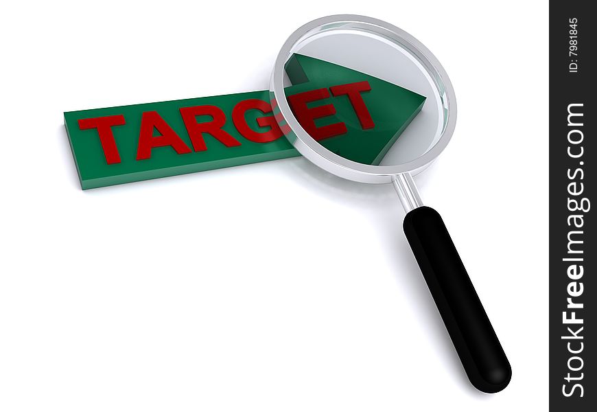 3d target text with magnifier on white background