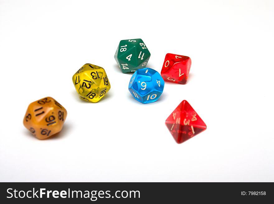 Dice of difference sizes, sides and colours. Dice of difference sizes, sides and colours