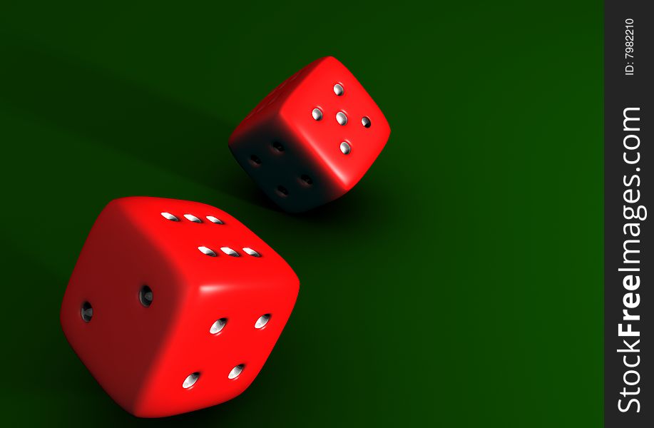 A Couple of rolling six sided dice on a green background