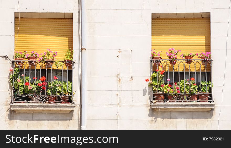 Flowers on the balconies of a face in a Spanish city. Flowers on the balconies of a face in a Spanish city