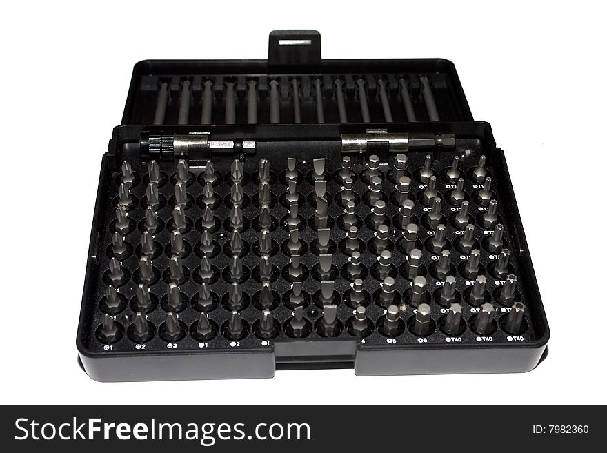 A Box of various sizes of screw drivers and ratchet set. A Box of various sizes of screw drivers and ratchet set