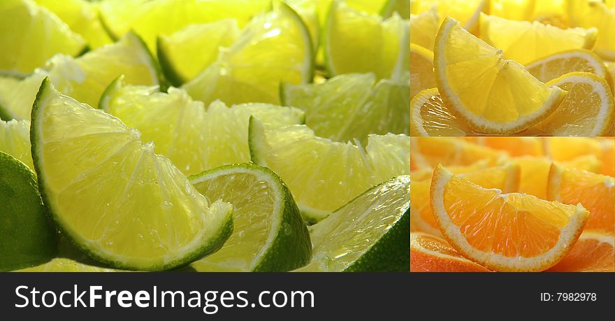 Citrus fruit collection, sundrenched slices of oranges, lemons and limes.