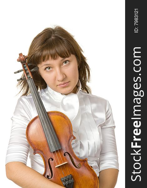 Girl in white blouse holding violin isolated over white. Girl in white blouse holding violin isolated over white