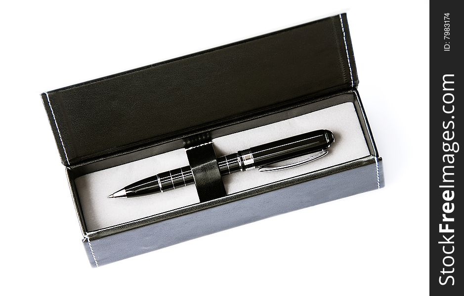 Black business ballpoint pen gift in leather box. Black business ballpoint pen gift in leather box