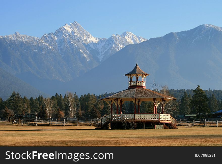 Gazebo in Fort Steel Heritage Town with Canadian Rockies backdrop. Gazebo in Fort Steel Heritage Town with Canadian Rockies backdrop