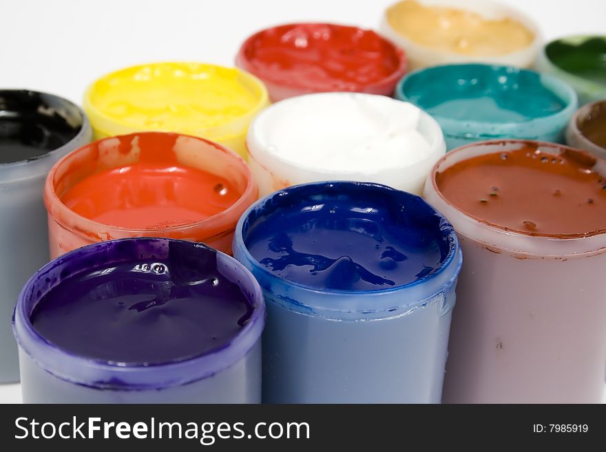 Set of several colors gouache open tubes