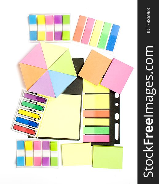 Set off colored stickers and notepaper on white. Set off colored stickers and notepaper on white